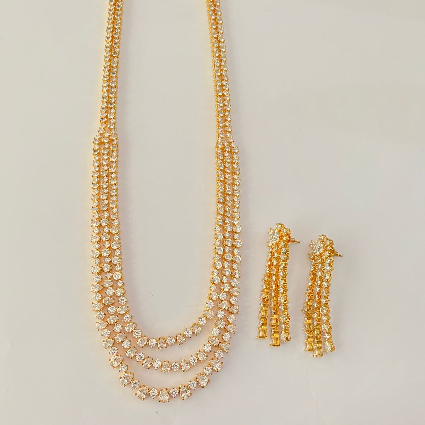 Gold Plated Long Three Line Diamond Necklace Set