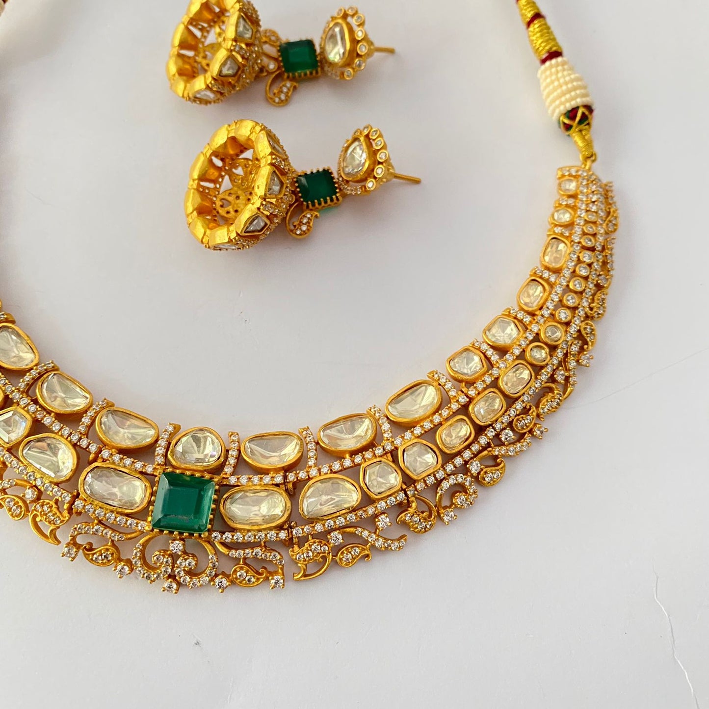 Gold Plated kundan green with diamond necklace set