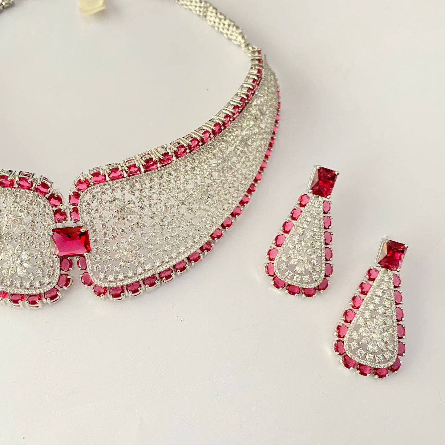 Ruby Diamond Silver Plated Necklace Set