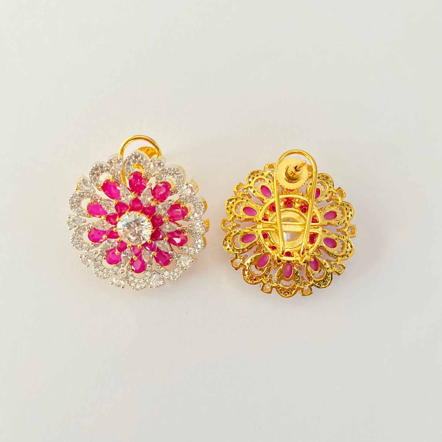 Pink Stone A.D Stud Gold Plated Back Clip Earring