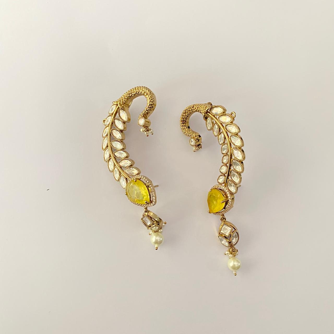 Yellow topaz polki leave design stylist ear cuff Earring