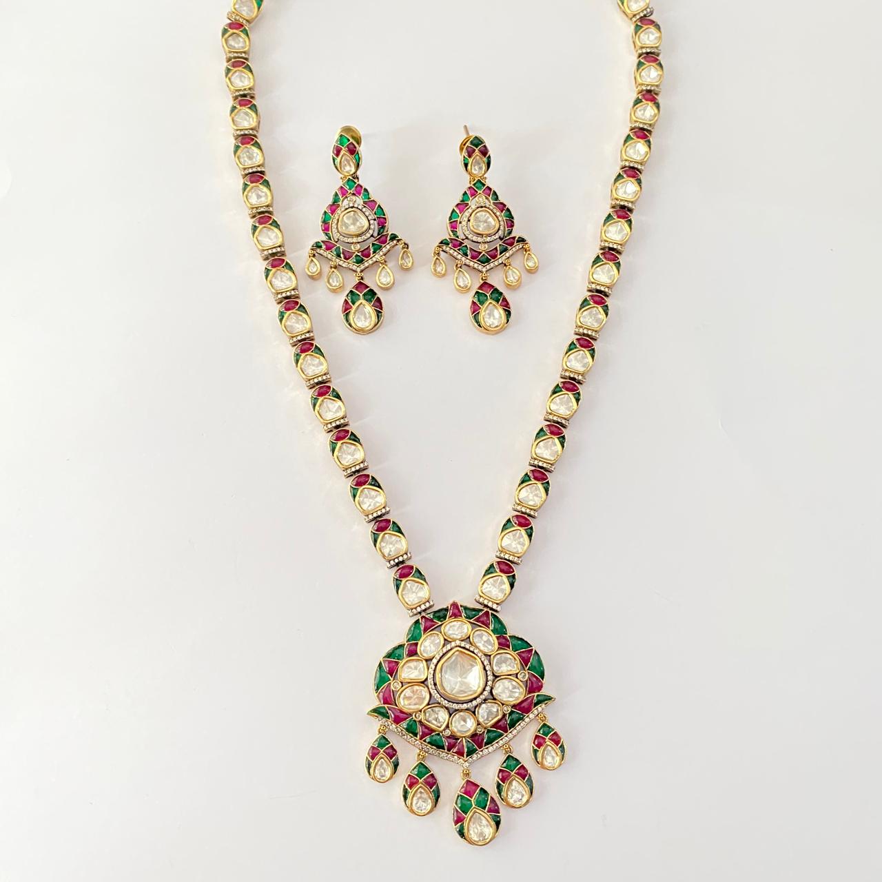 Polki Gold plated Ruby long necklace Set