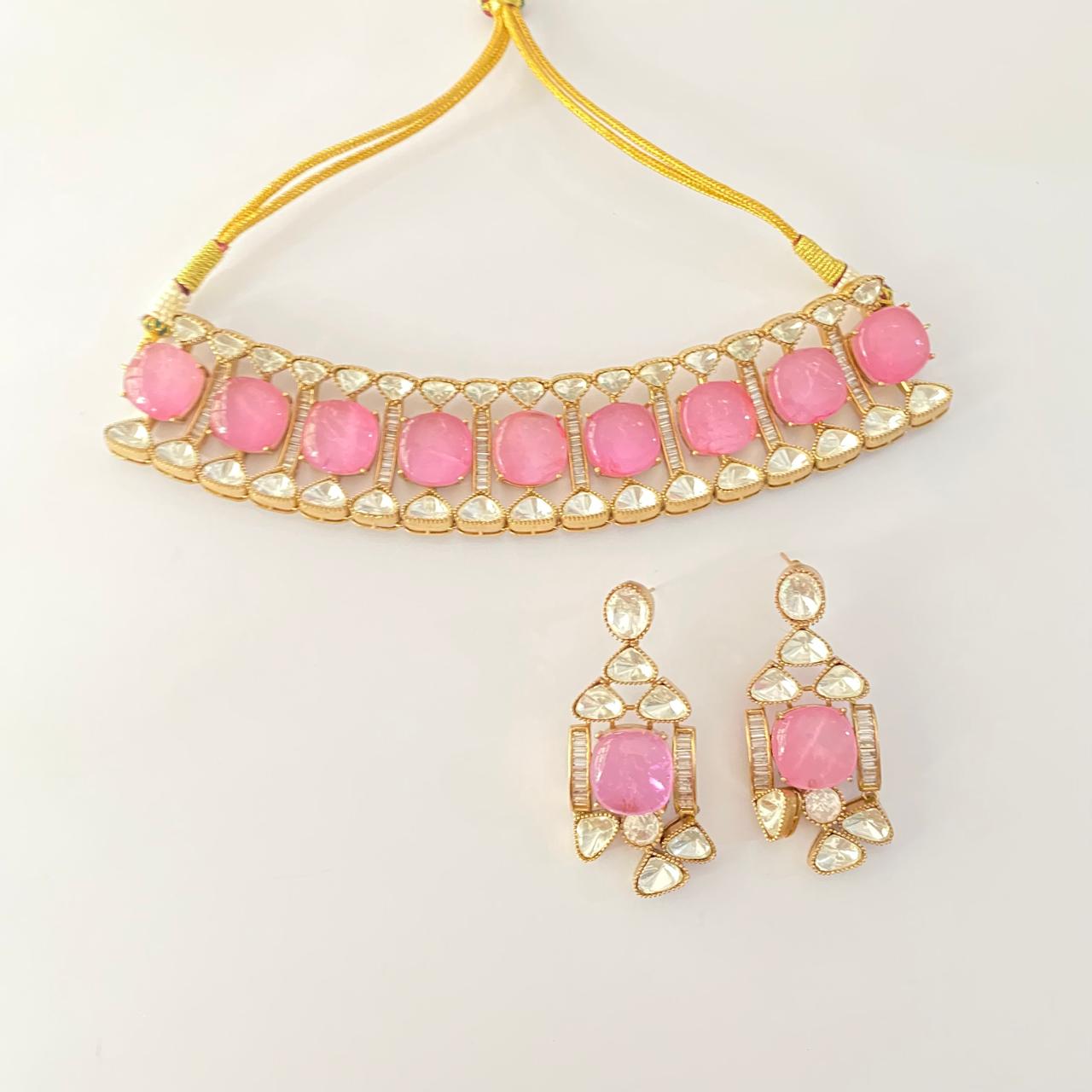 Rose quatrz  polki gold plated Choker Necklace set