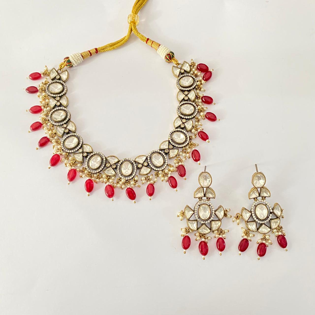 Polki anti tanis gold plated with drop ruby Necklace Set