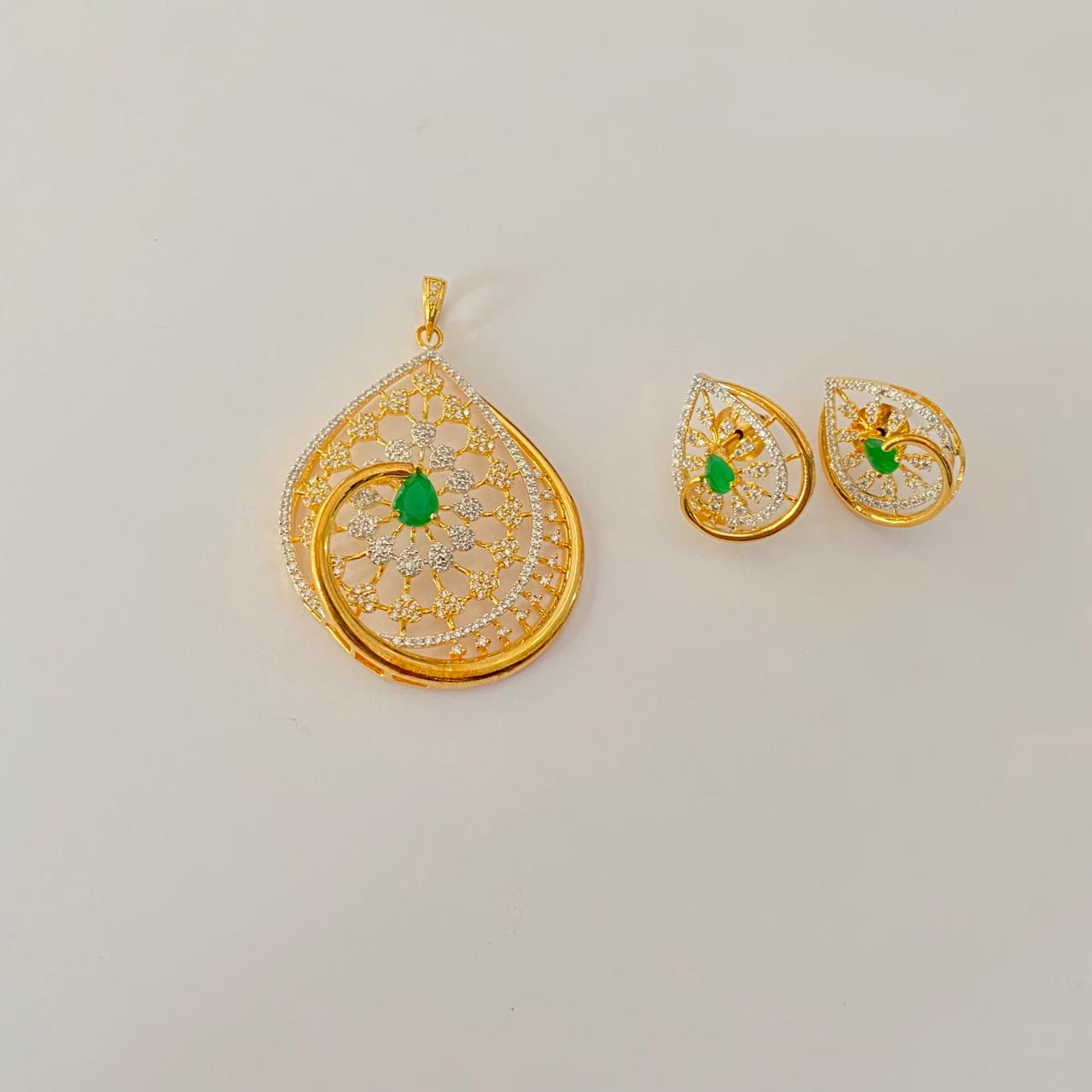 Diamond Emerald Gold Plated latest design Pendant Set