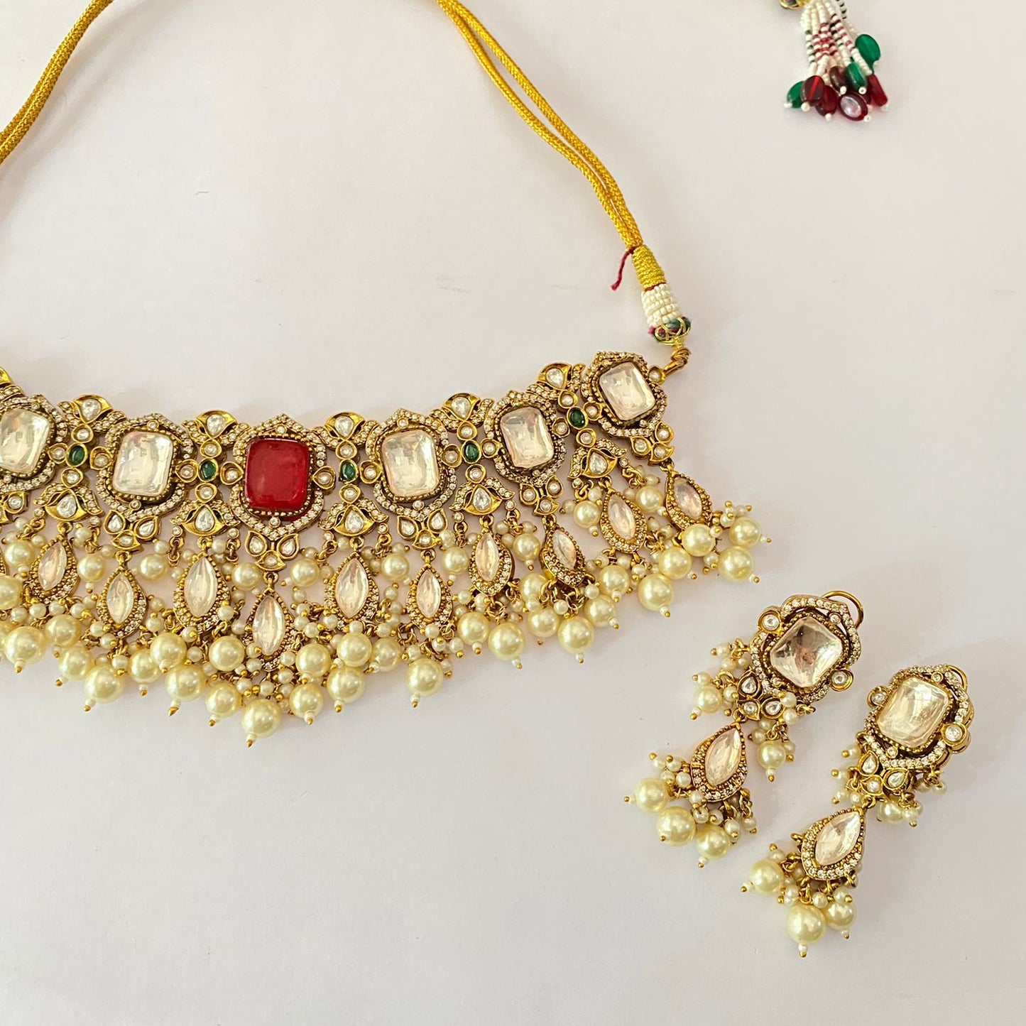 Antique Gold Plated Drop Pearl Ruby Kundan Necklace Set