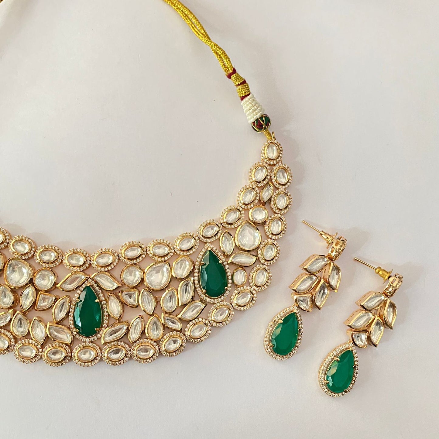 Gold Plated Moissanite Kundan Green Necklace Set