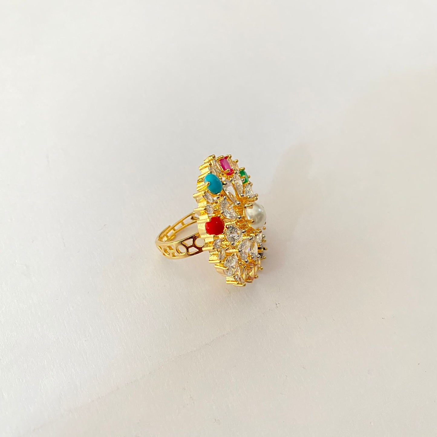 Gold Plated Pearl Navratan Ring