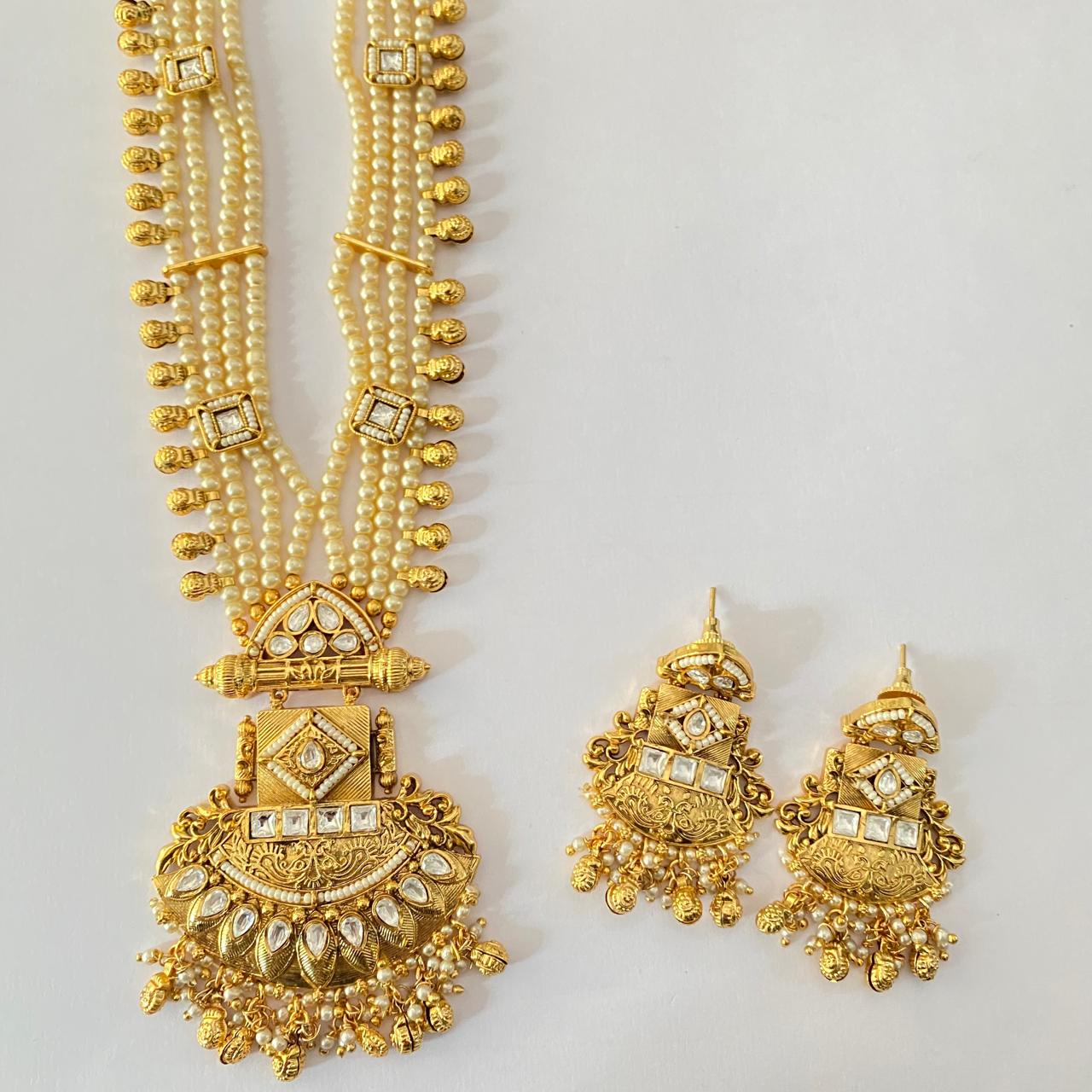 Gold Plated White Pearl Long Necklace Set