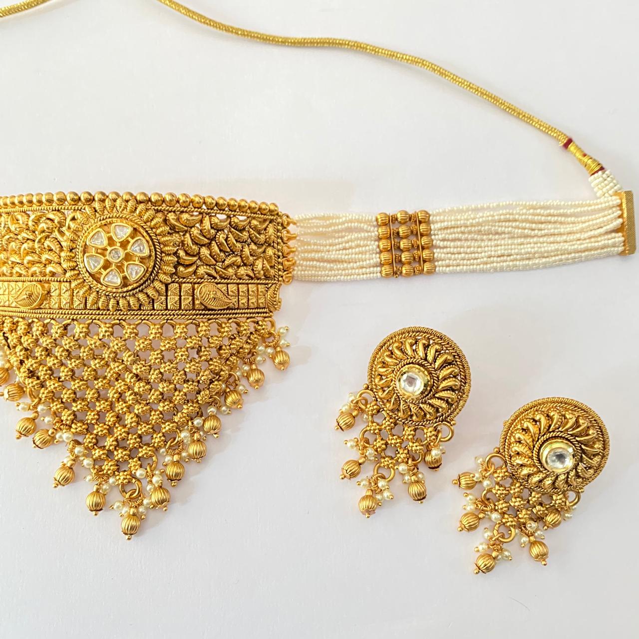 Gold Plated Moissanite White Beads Choker Set