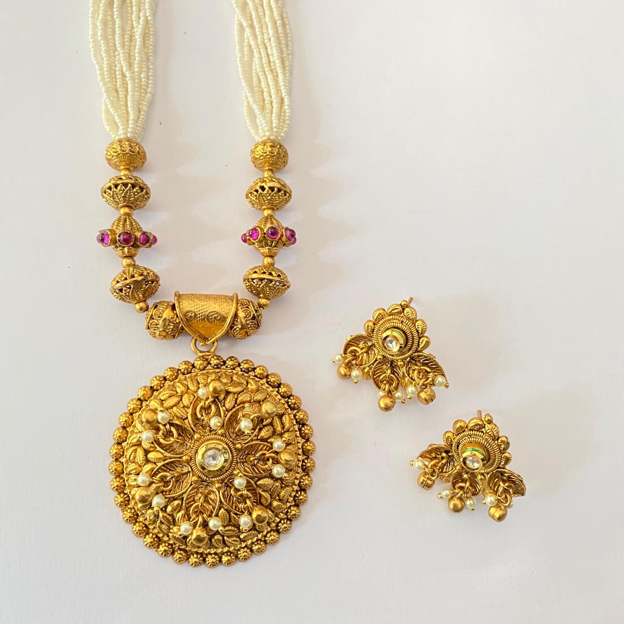 Gold Plated White Beads Necklace Set