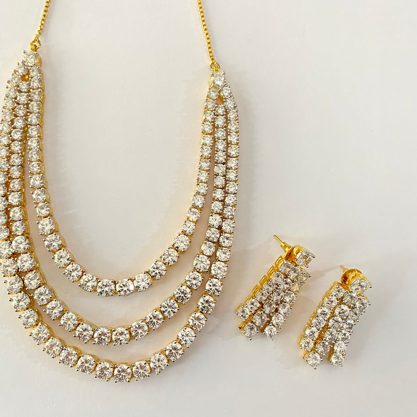 Three Line Diamond Gold Plated Necklace Set