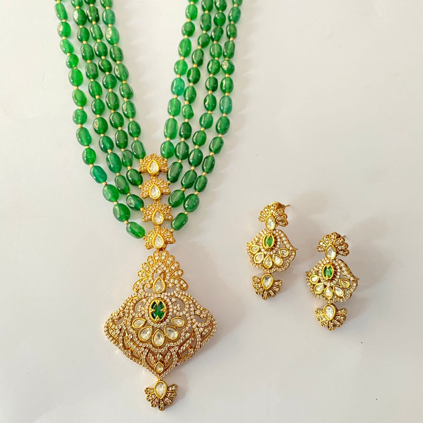 Long Green Moissanite Kundan Necklace Set