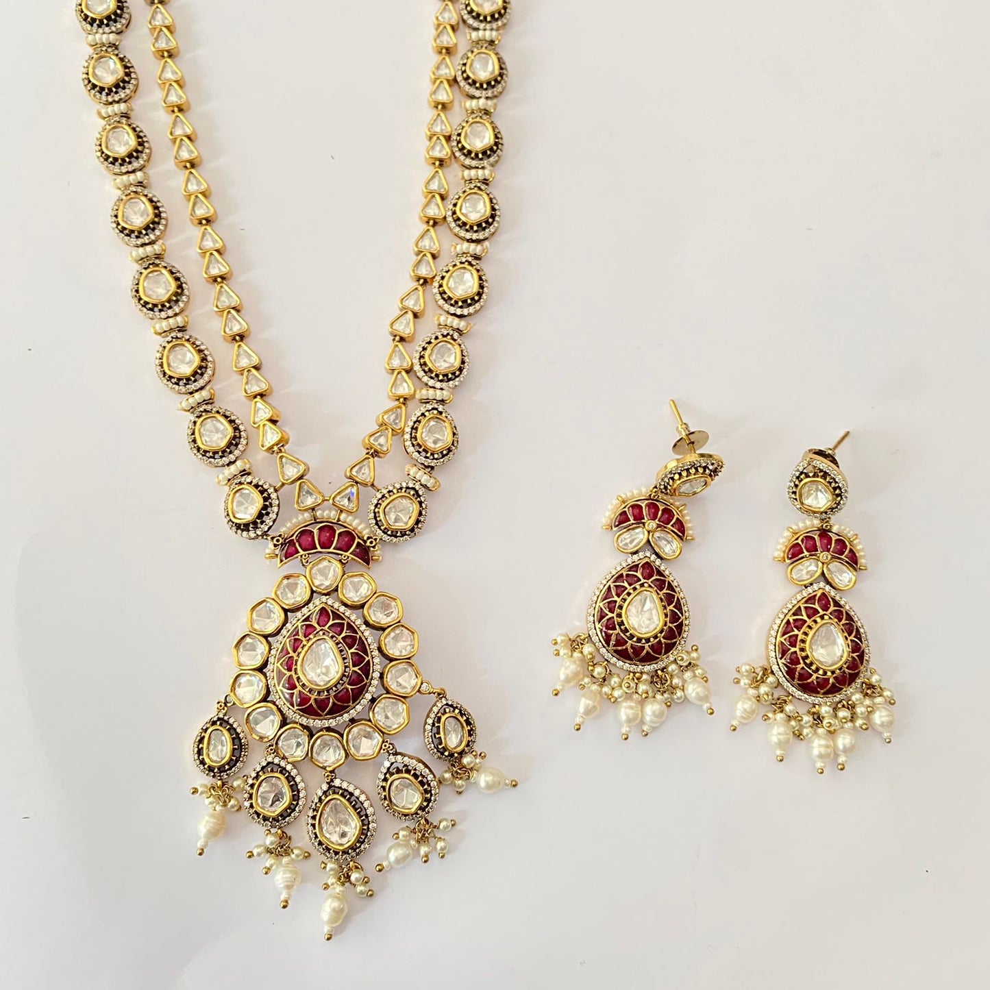Kundan Polki Double Line Ruby Long Necklace Set