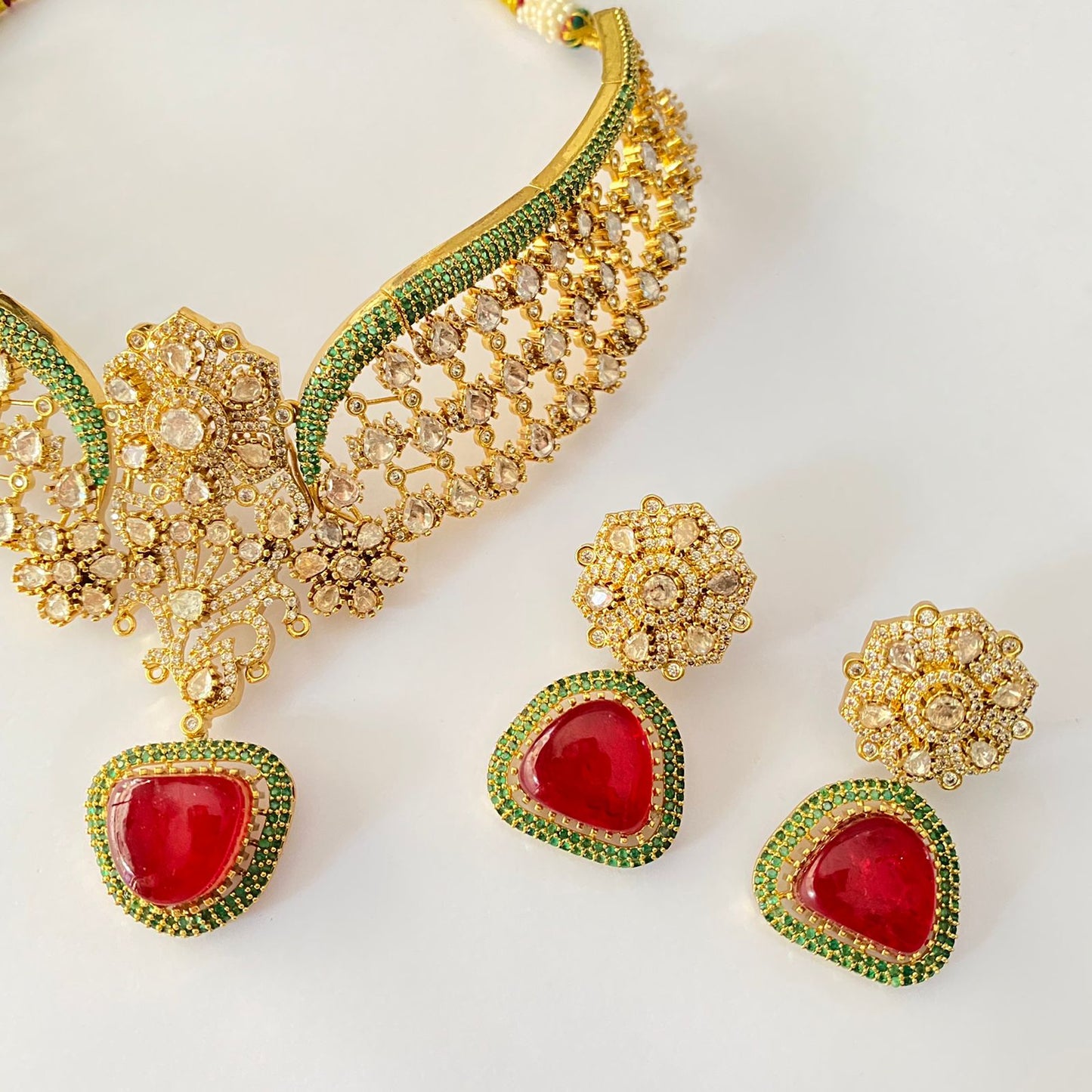 Antique Gold Kundan Ruby Necklace Set