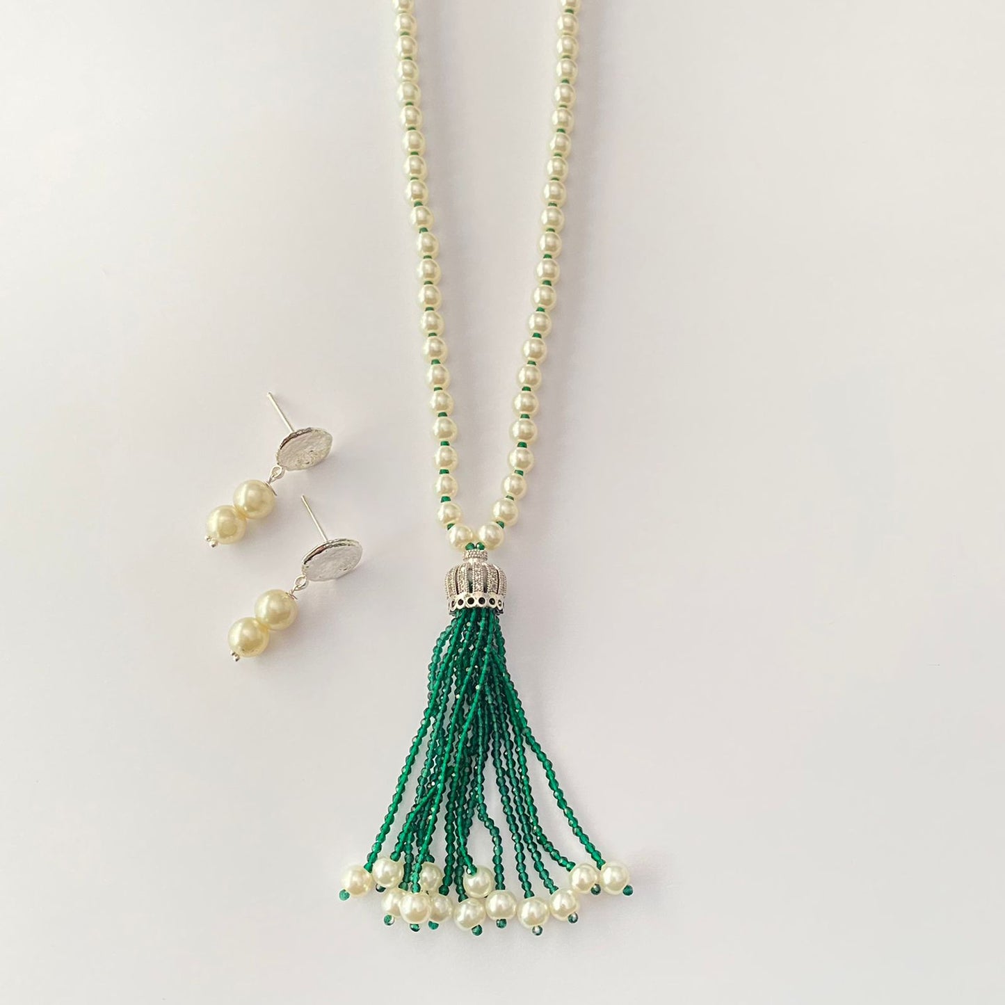 Green White Pearl Long Necklace Set