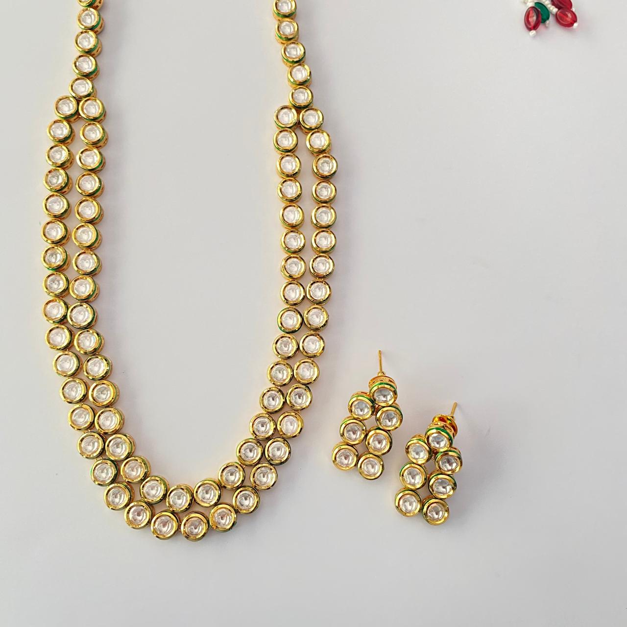 Double Line Gold Plated Kundan Necklace Set