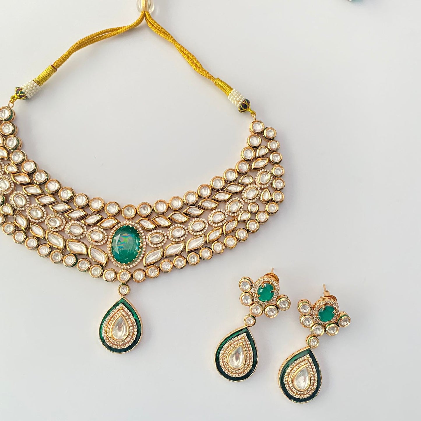 Kundan Gold Plated Heavy Green Necklace Set