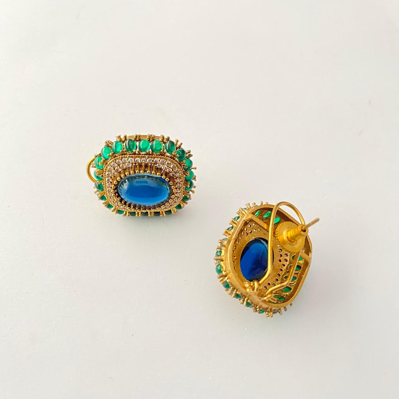 Antique Gold Plated Green & Blue Stud With Back Clip