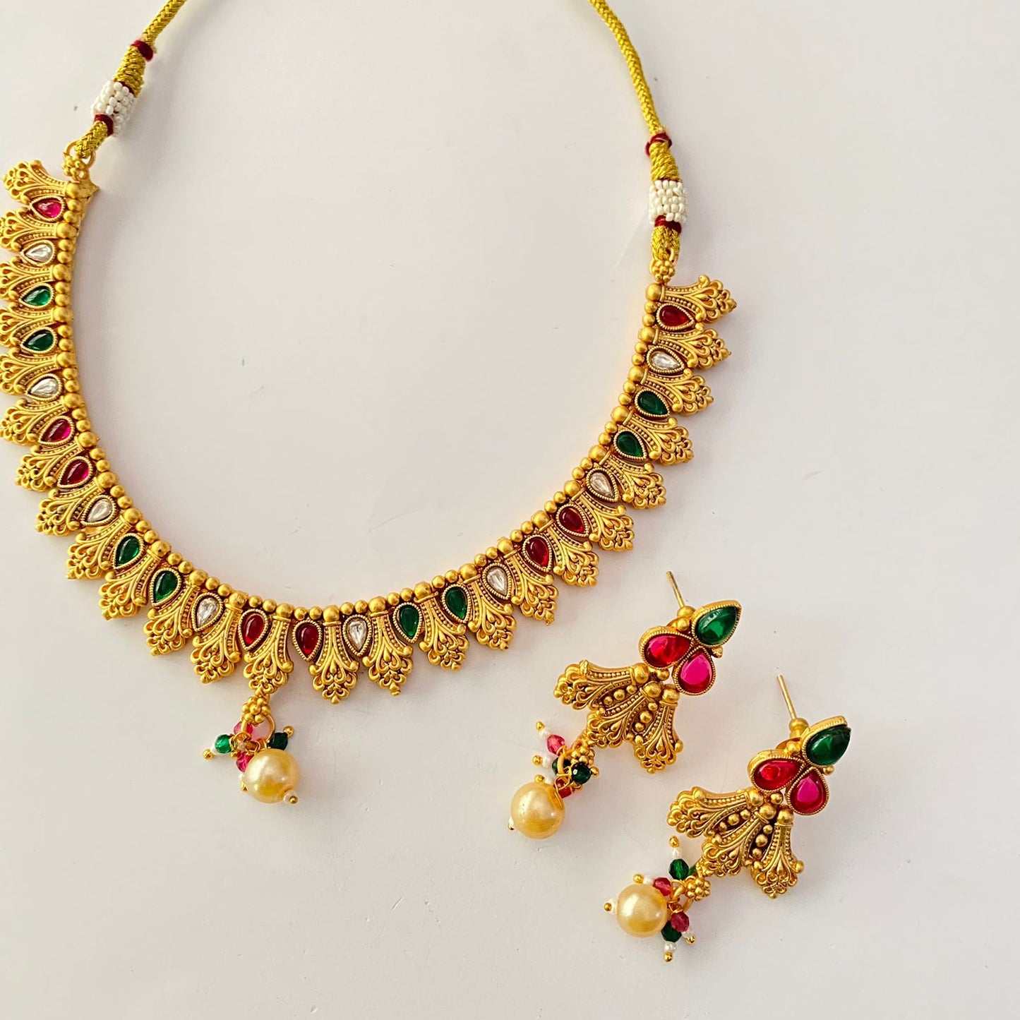 Gold Plated Ruby & Green Sleek Necklace Set