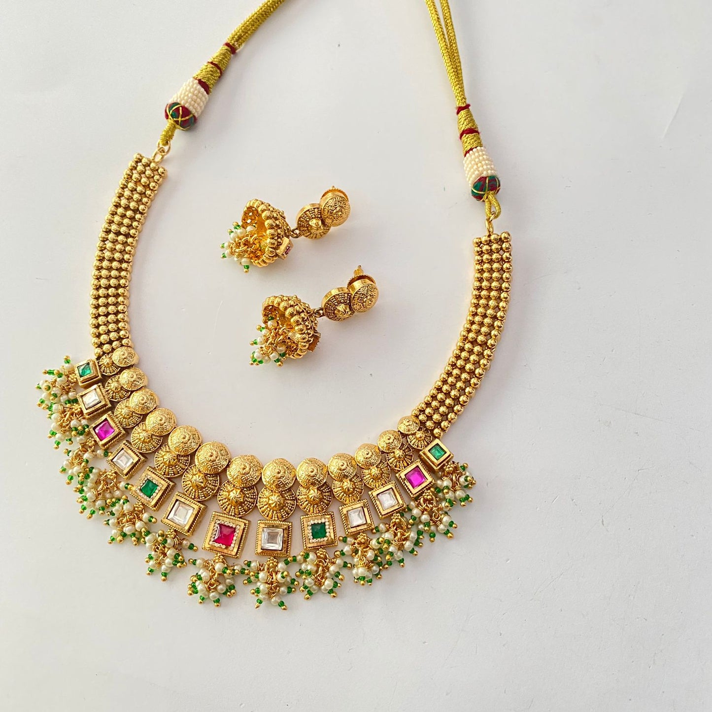 Gold Plated Drop Pearl Ruby & Green Necklace Set