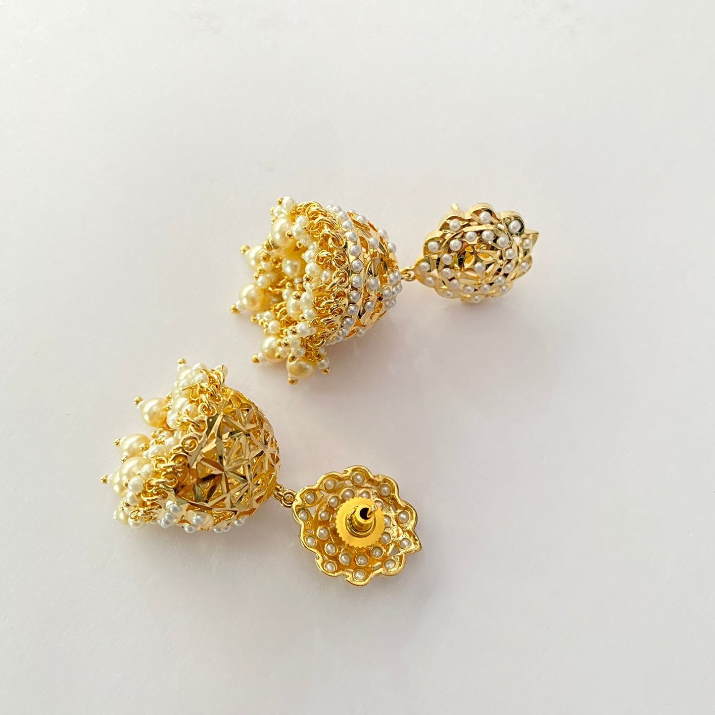 Gold Plated White Pearl Jadau Jhumka