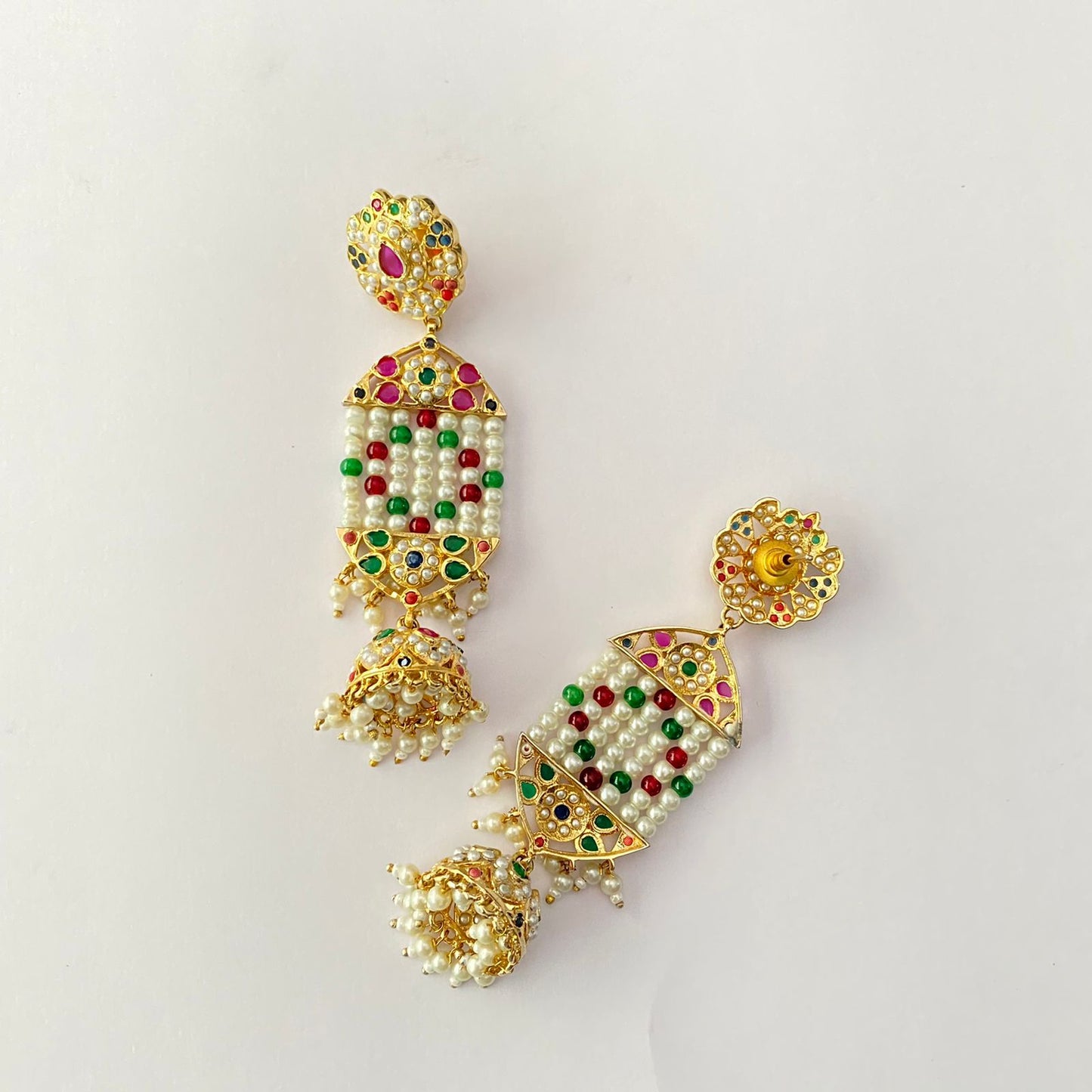 Jadau Pearl Ruby $ Green Long Earring