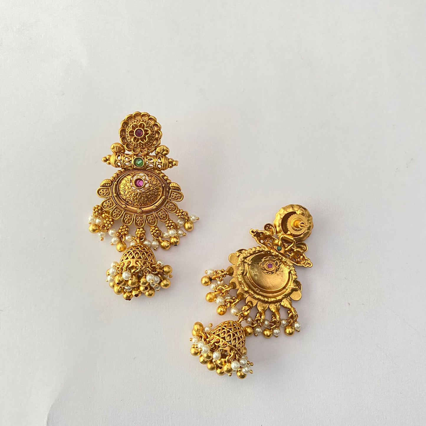 Gold Plated Ruby & Green White Pearl Jhumka
