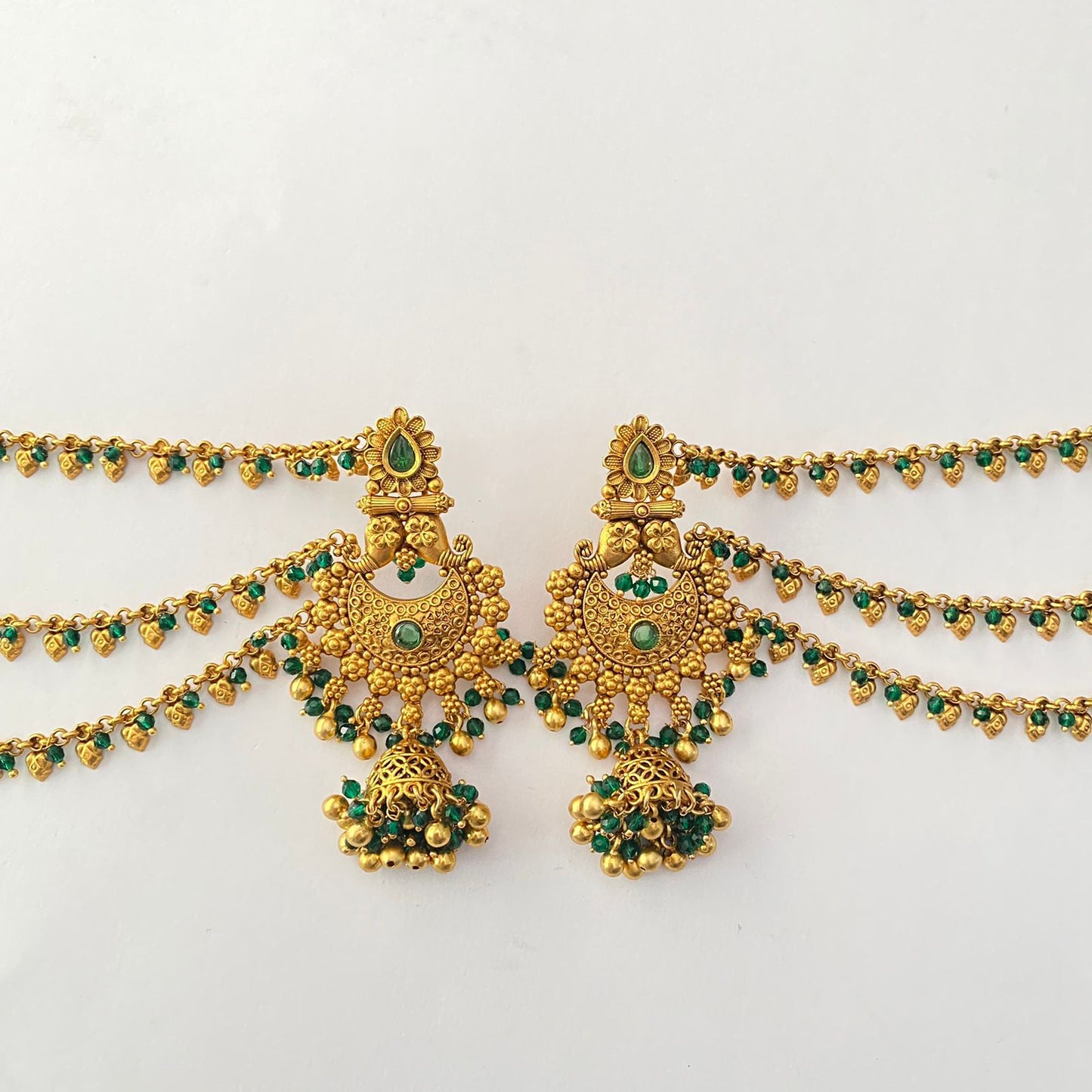 Green Antique Gold Jhumka kaan Chain Earring