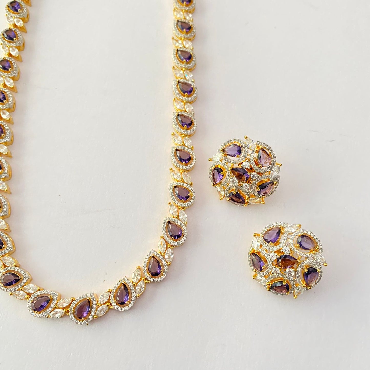 Gold Plated Purple Single Line Diamond Sleek Necklace Set