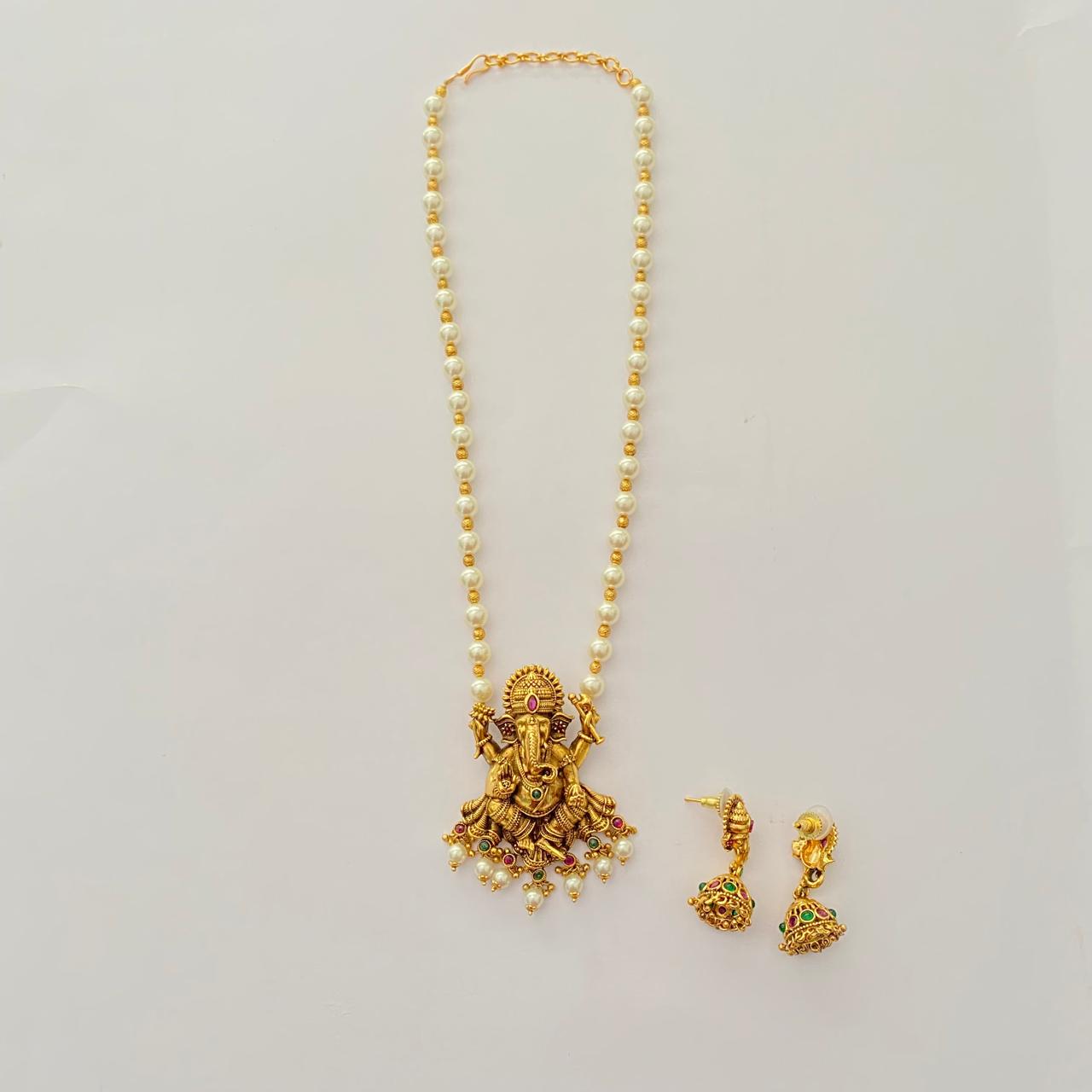 Traditional Temple features Ganesha Pearl Antique Gold Plated Pendant Set