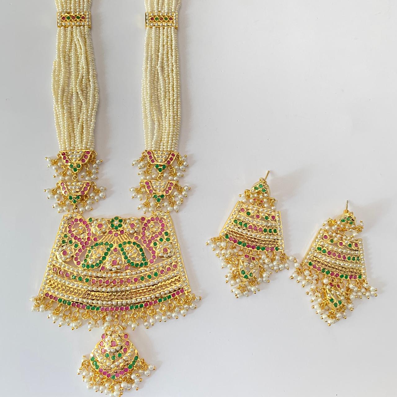 Ruby, White Pearl Green Long Jadau Rani Haar