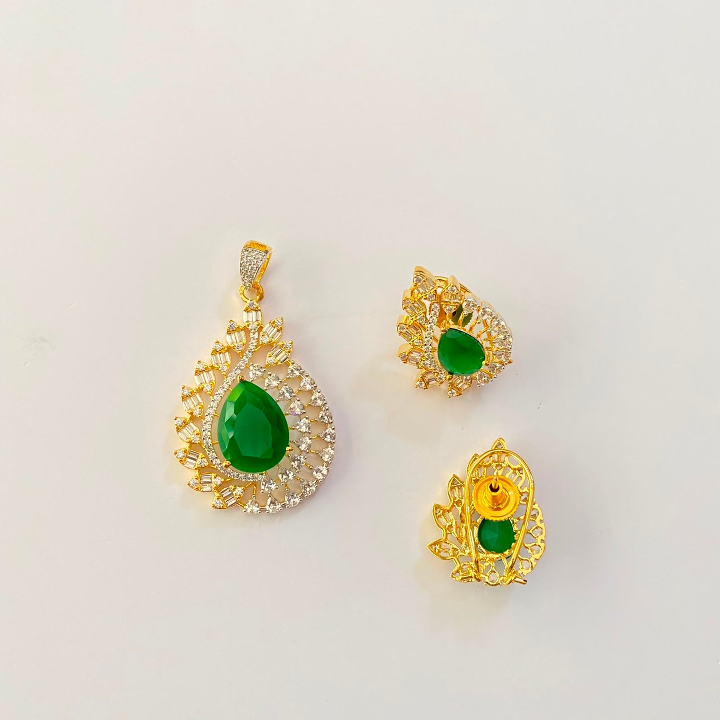 Green Stone Gold Plated Diamond Pendant Set