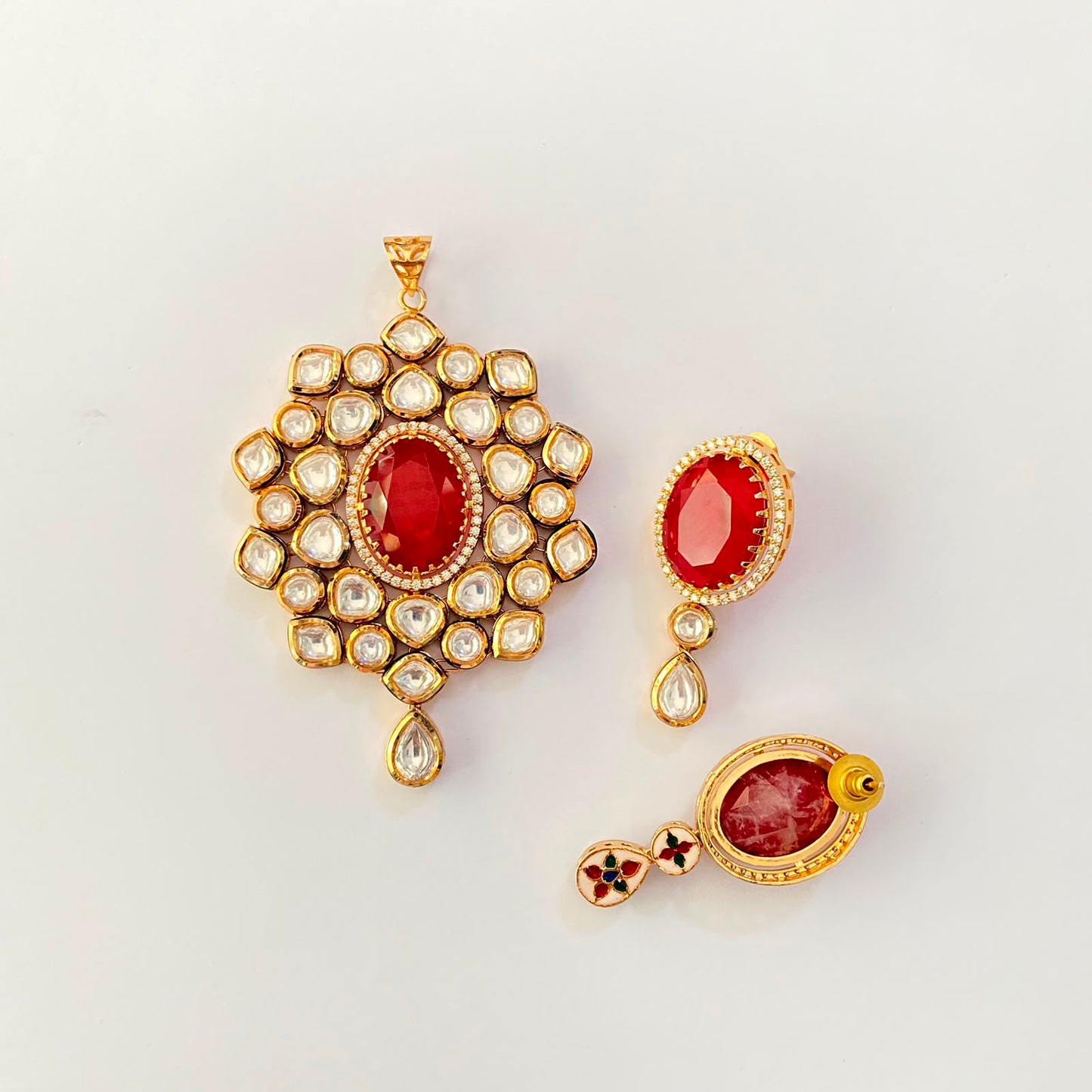 Gold Plated Ruby Kundan Pendant Set
