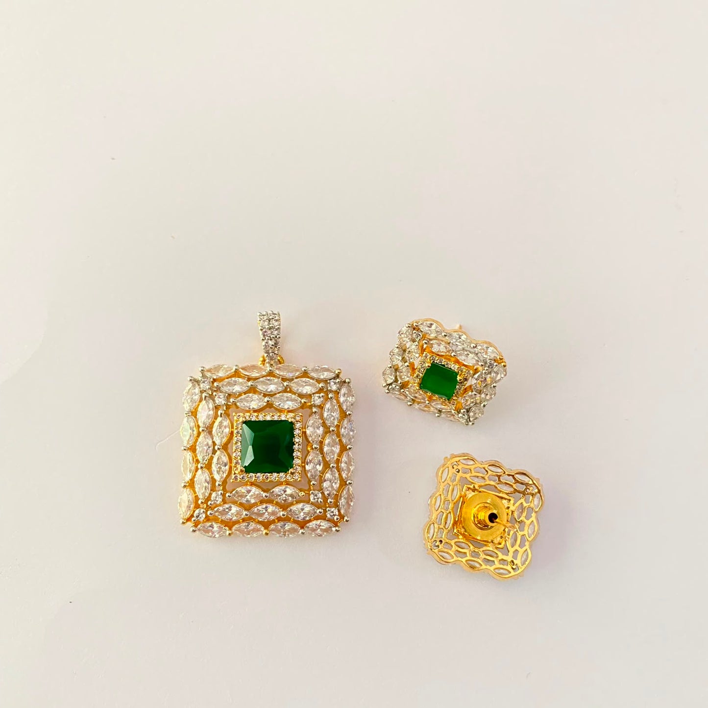 Green Diamond Gold Plated Square Shape Pendant Set
