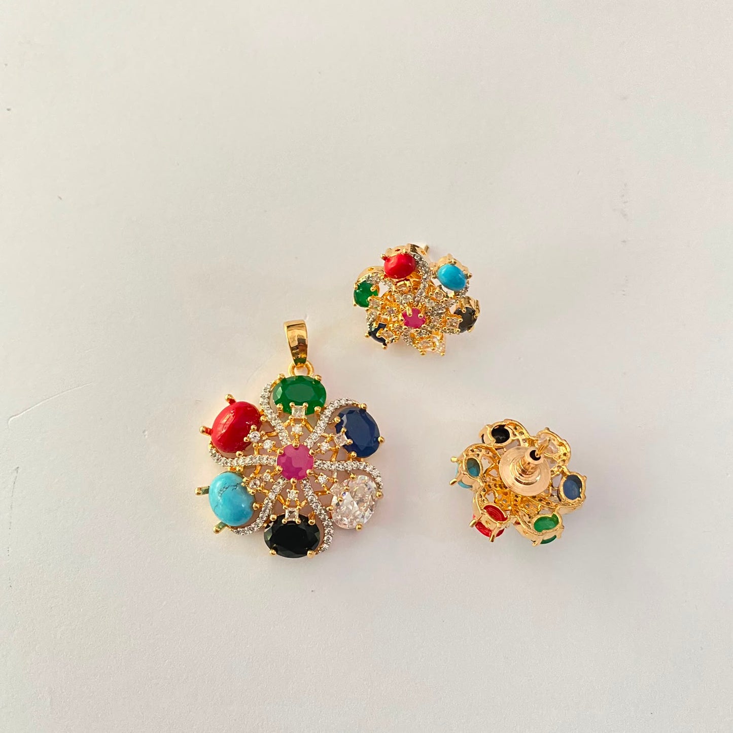 Gold Plated Navratan Pendant Set
