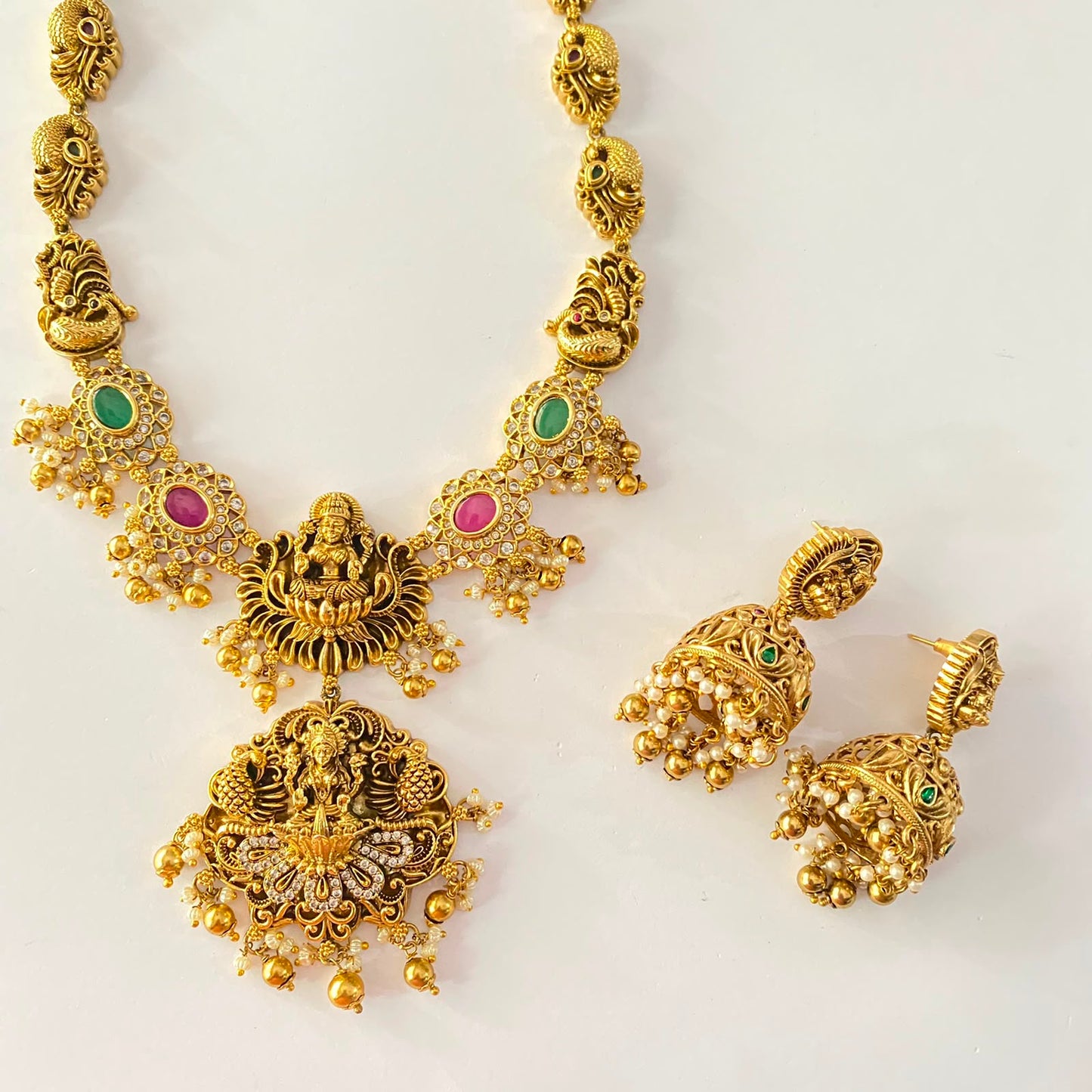 Antique Gold Ruby & Green Laxmi ji Necklace Set