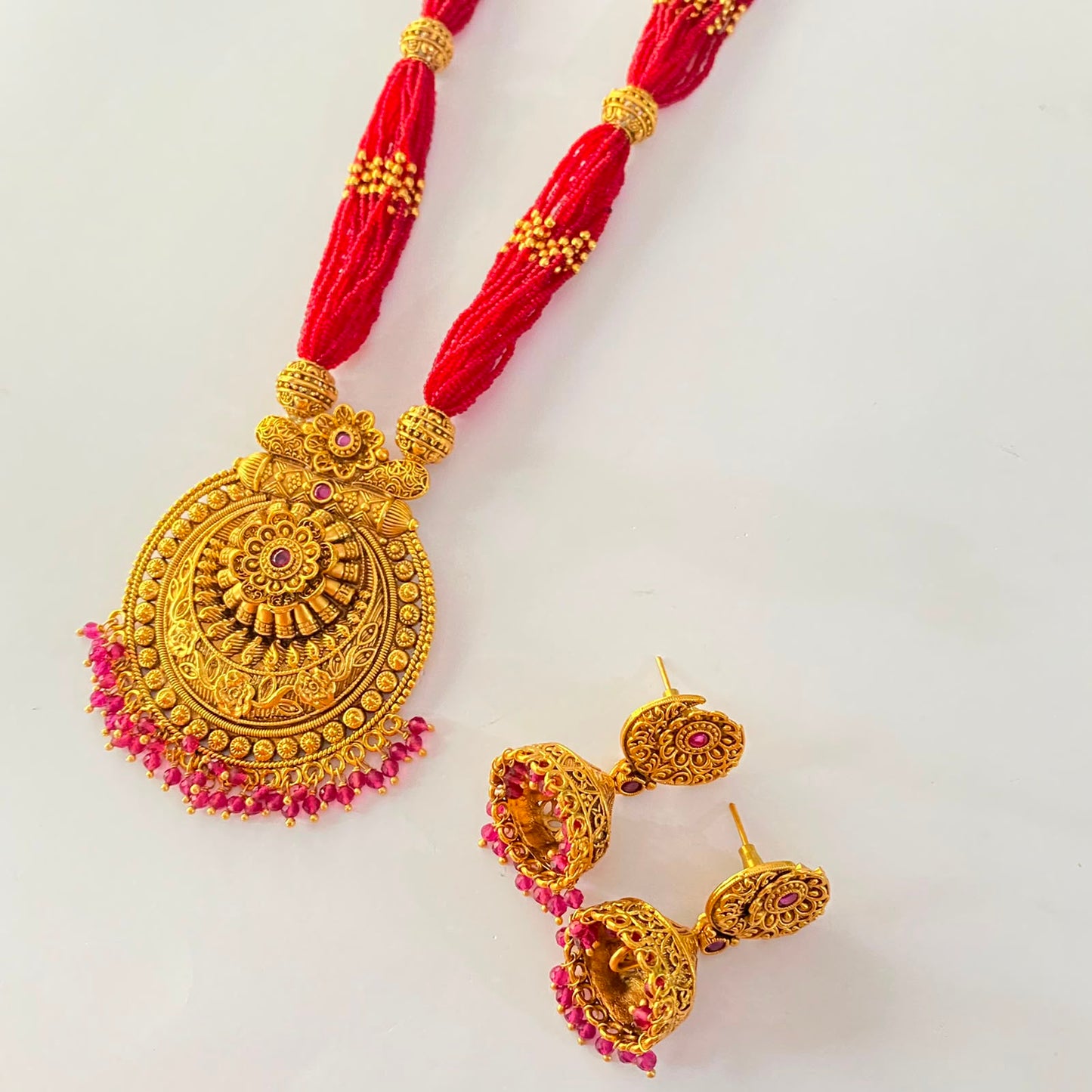 Ruby Beads Antique Gold Long Necklace Set