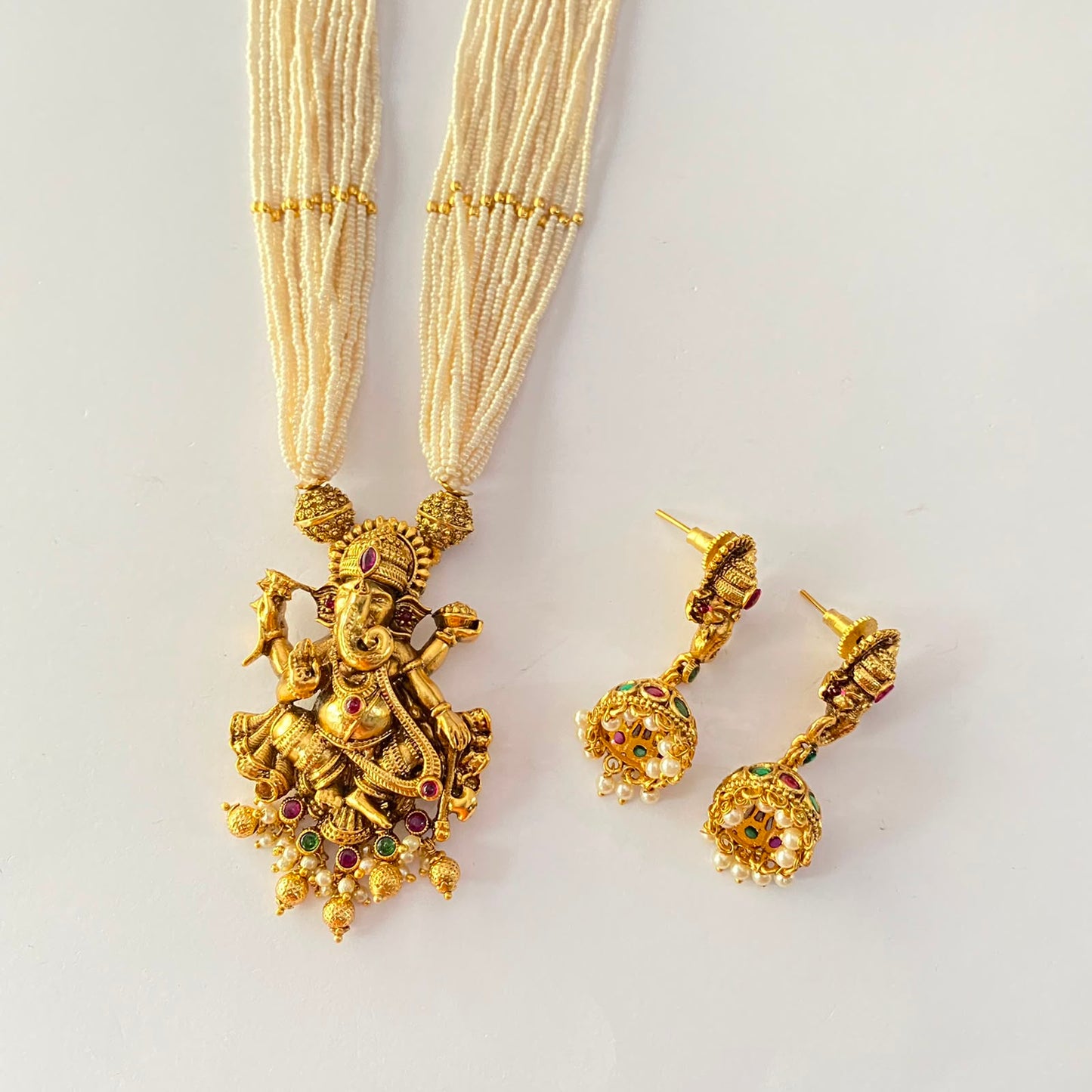 Off White Multi Layer Antique Gold Ganesha Necklace Set