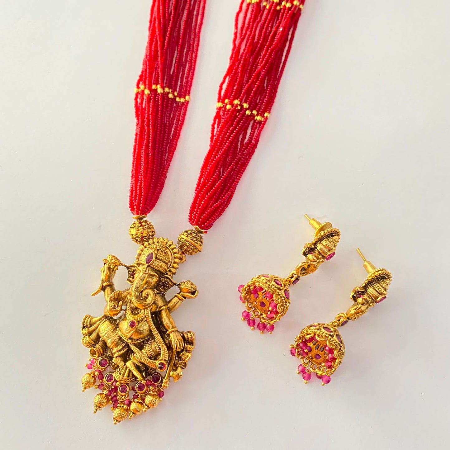 Ruby Antique Gold Multi Layer Ganesha Necklace Set