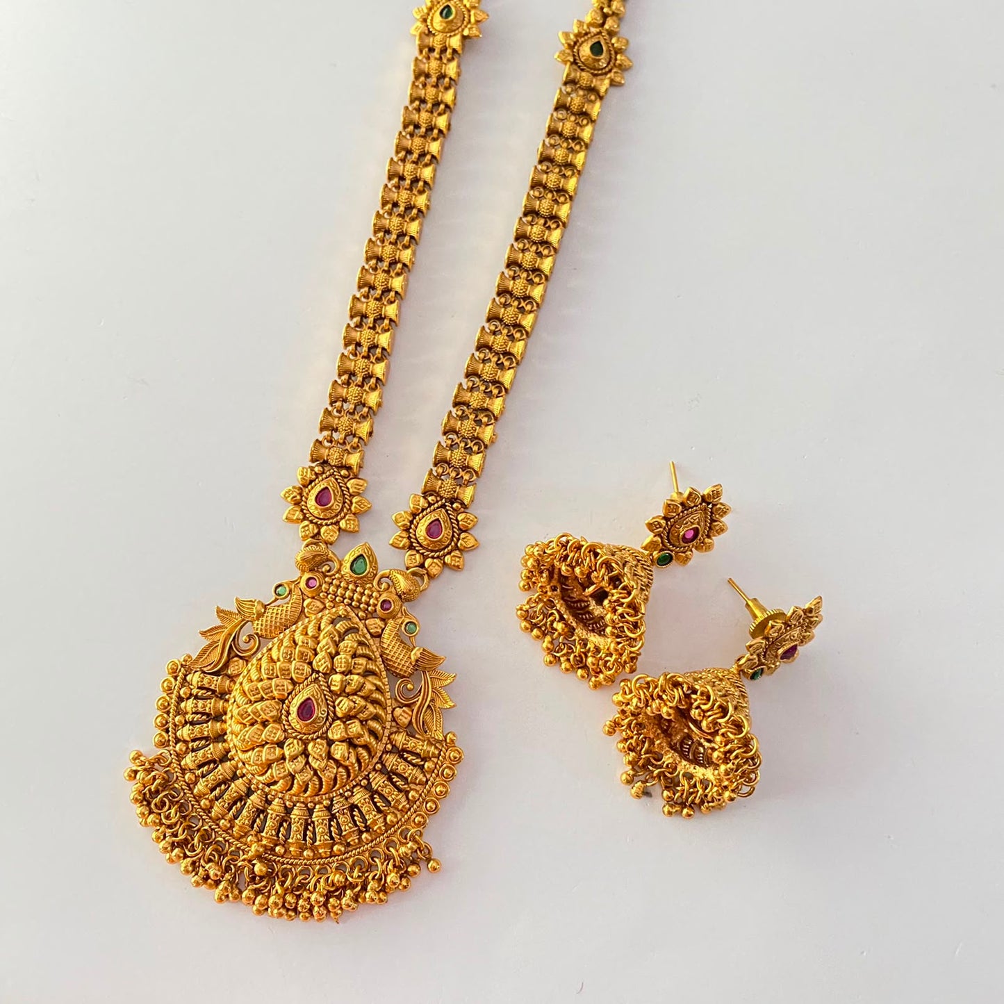 Long Gold Plated Ruby & Green Necklace Set
