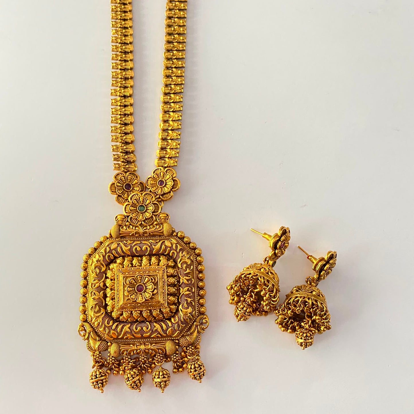Flower Design Long Gold Plated Necklace Set