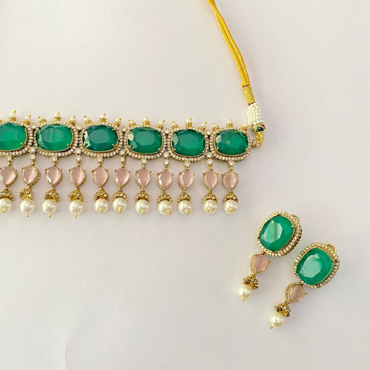 Antique Gold Pink Drop Pearl Green Choker Set