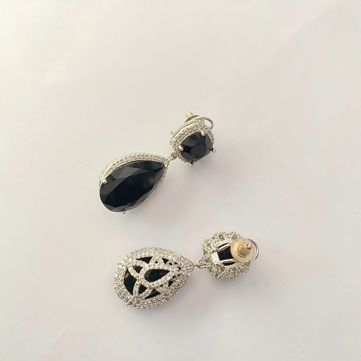 Black Stone Silver Plated Earring With Back Clip