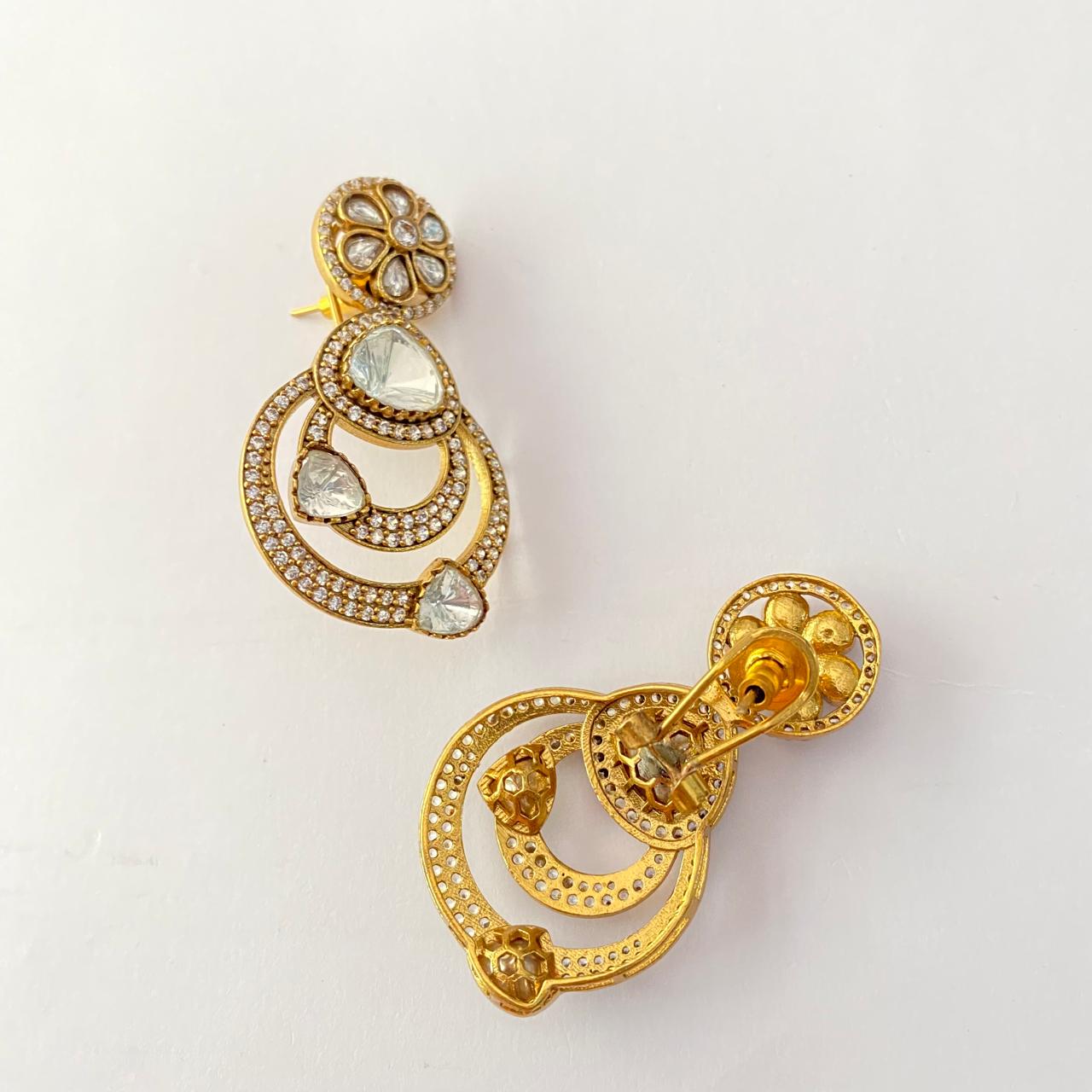 Moissanite Antique Gold Plated with Back Clip Earring