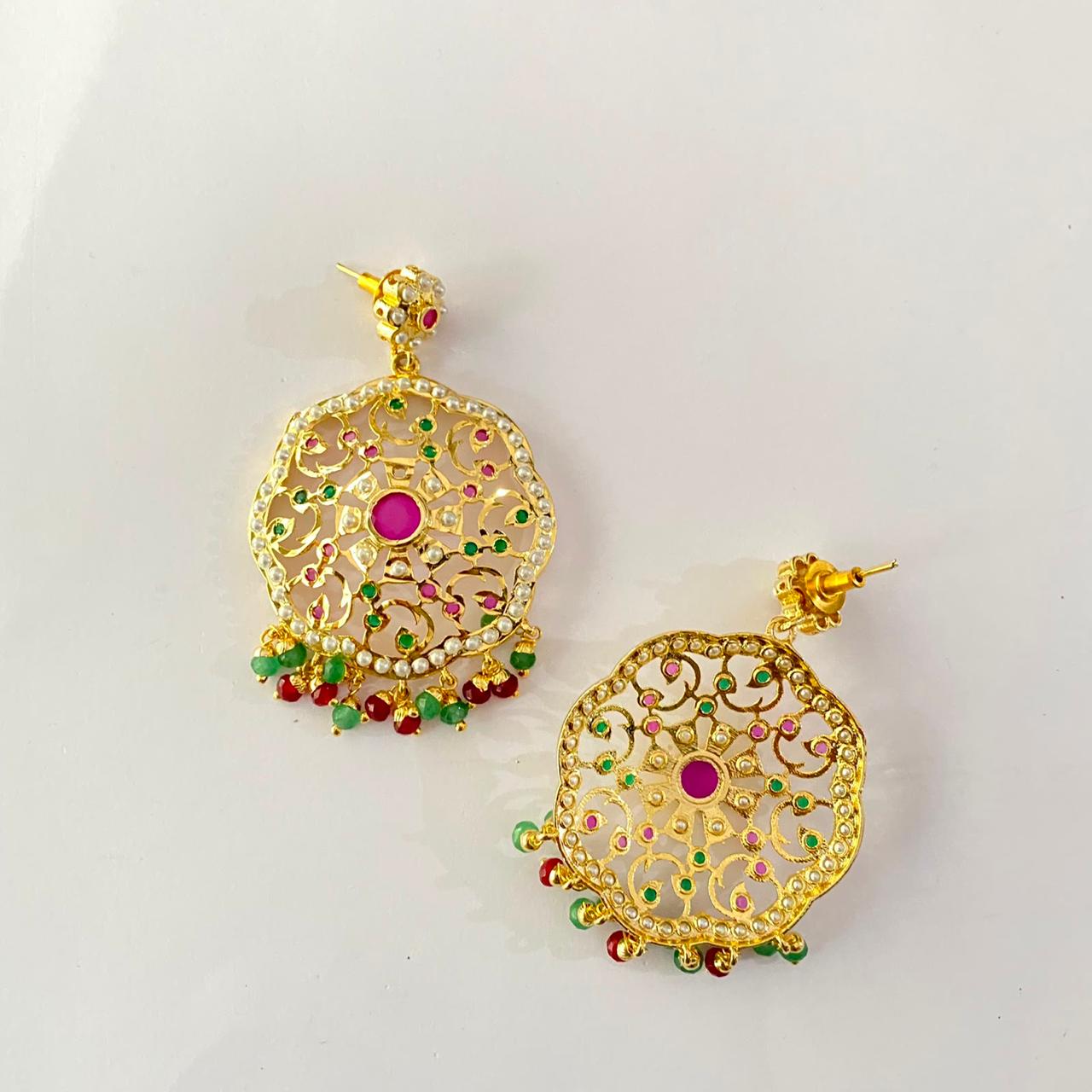 Gold Plated Ruby $ Green Jadau Earring