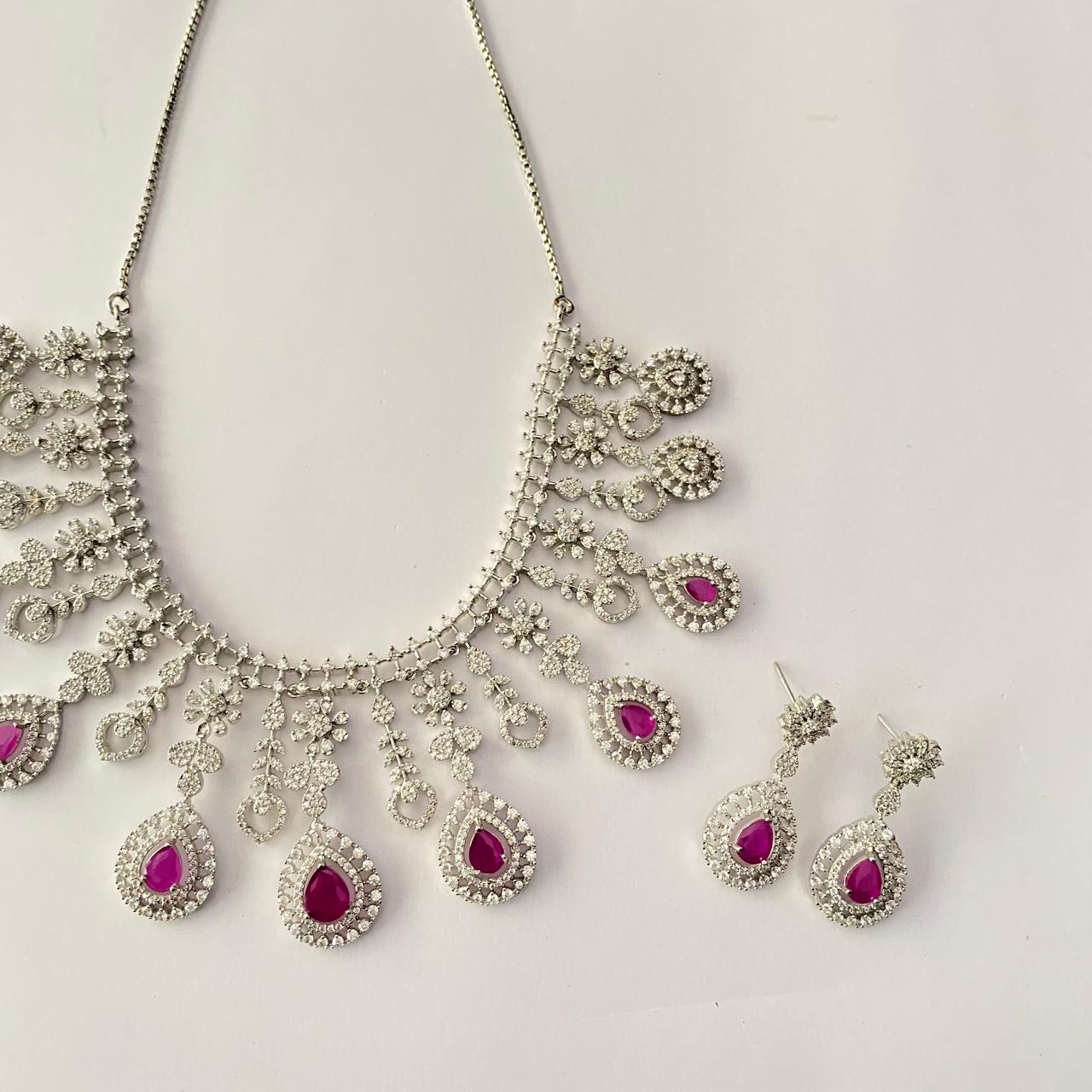 Silver Plated Pink Diamond Necklace Set