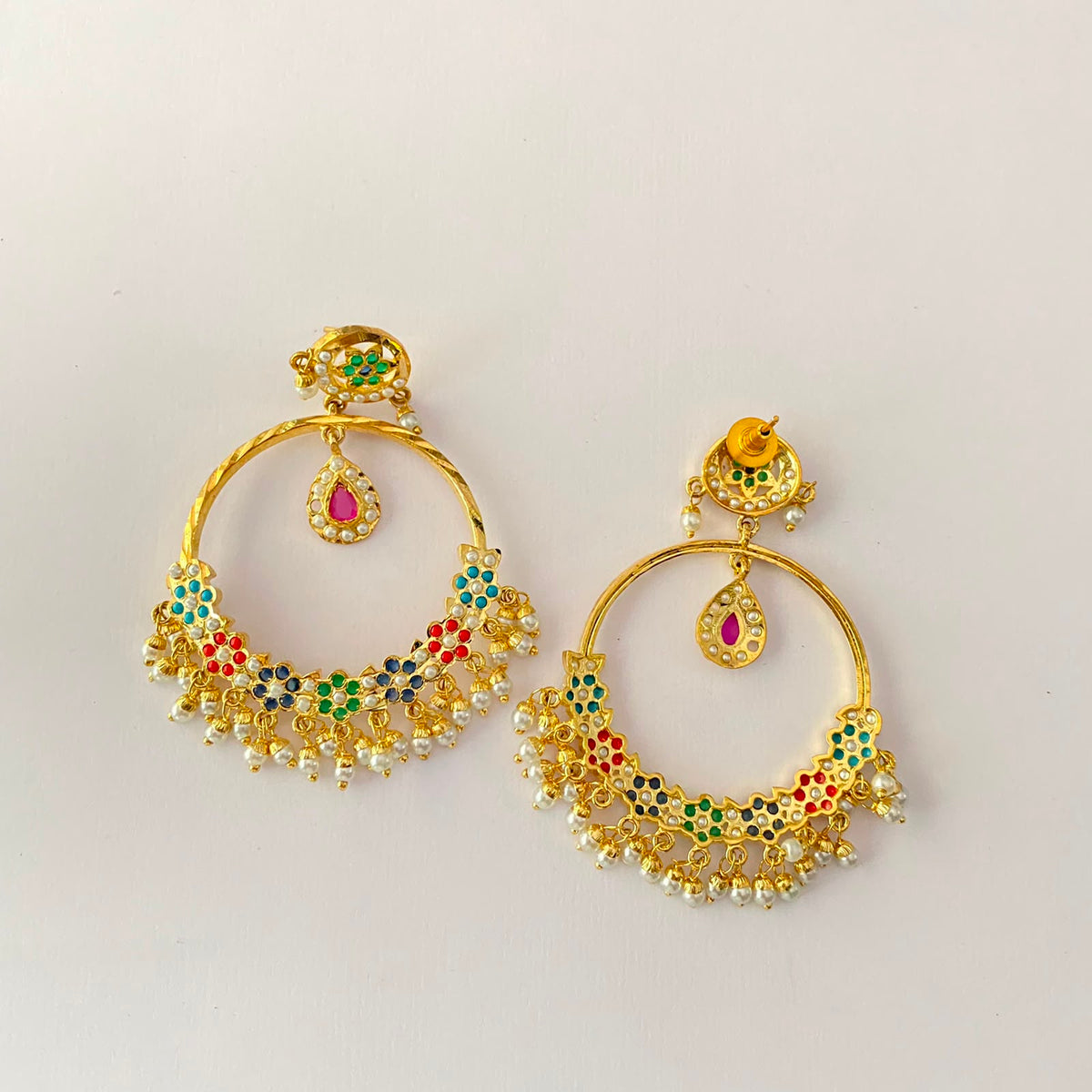 Multi Jadau Gold Plated Chand Bali