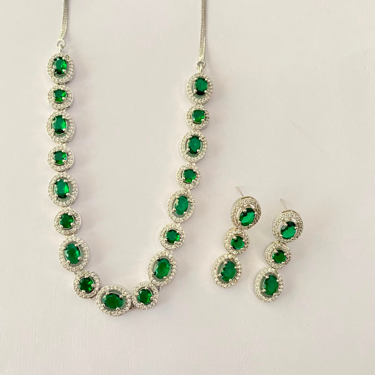 Sleek Diamond Silver Plated Green Necklace Set