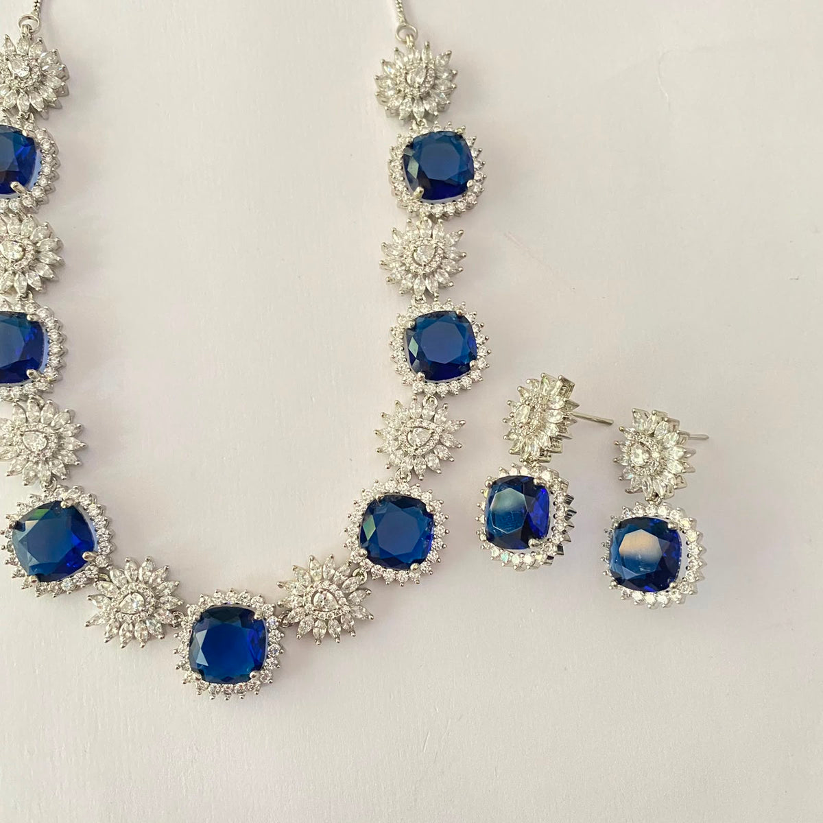 Blue Silver Plated Diamond Necklace Set